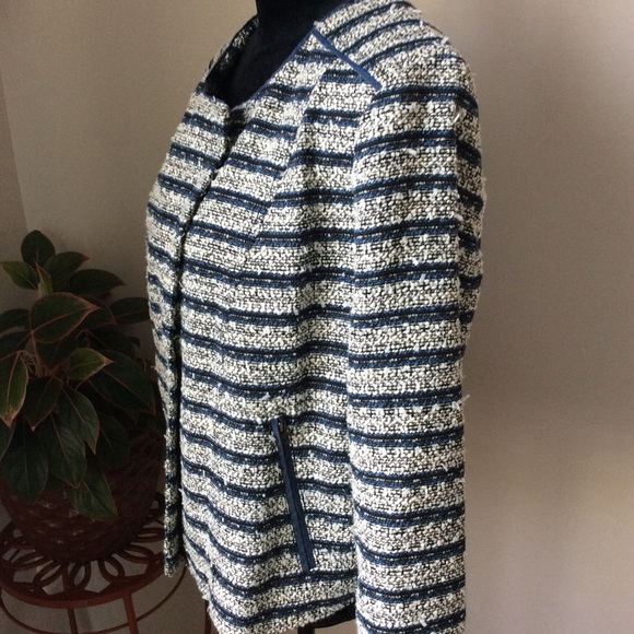 Loft Sweater Jacket Asymmetrical Denim Trim Blue - Picture 2 of 8